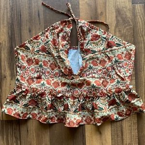 SHEIN floral print ruched bust ruffle hem halter top